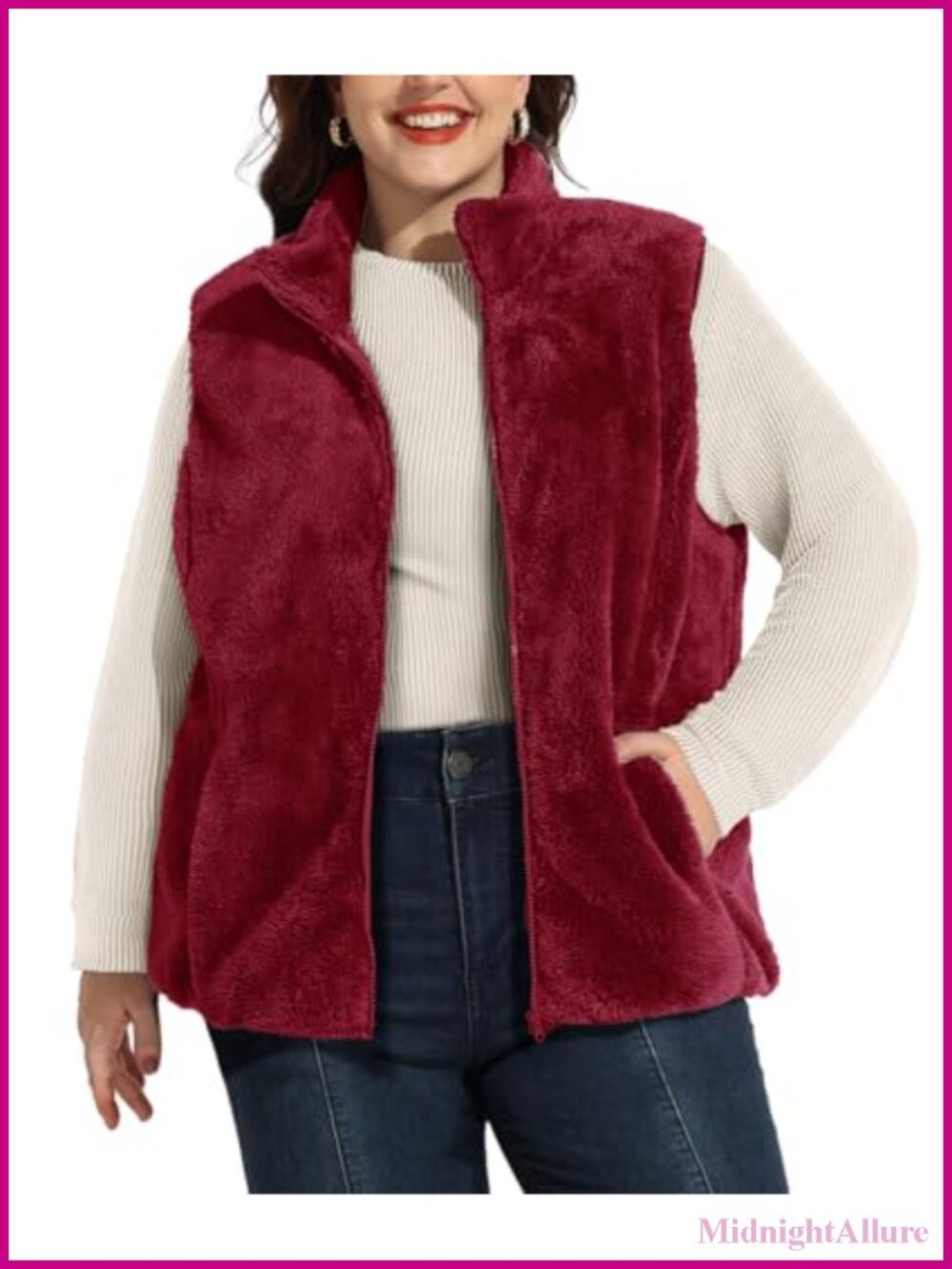 Plus Size Sherpa Fleece Vest Sleeveless Zip Up Fall Winter Outerwear with